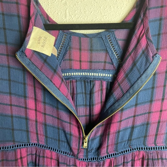 Knox Rose Size Xl Tank Top Plaid High Neck Lace Inlet Boho Layering Blue Pink - Picture 8 of 9